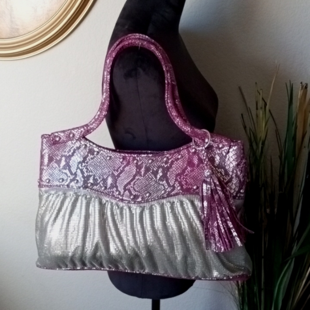 New WHITING & DAVIS Purple Silver Snake Embossed Leather & Oromesh Large Satchel